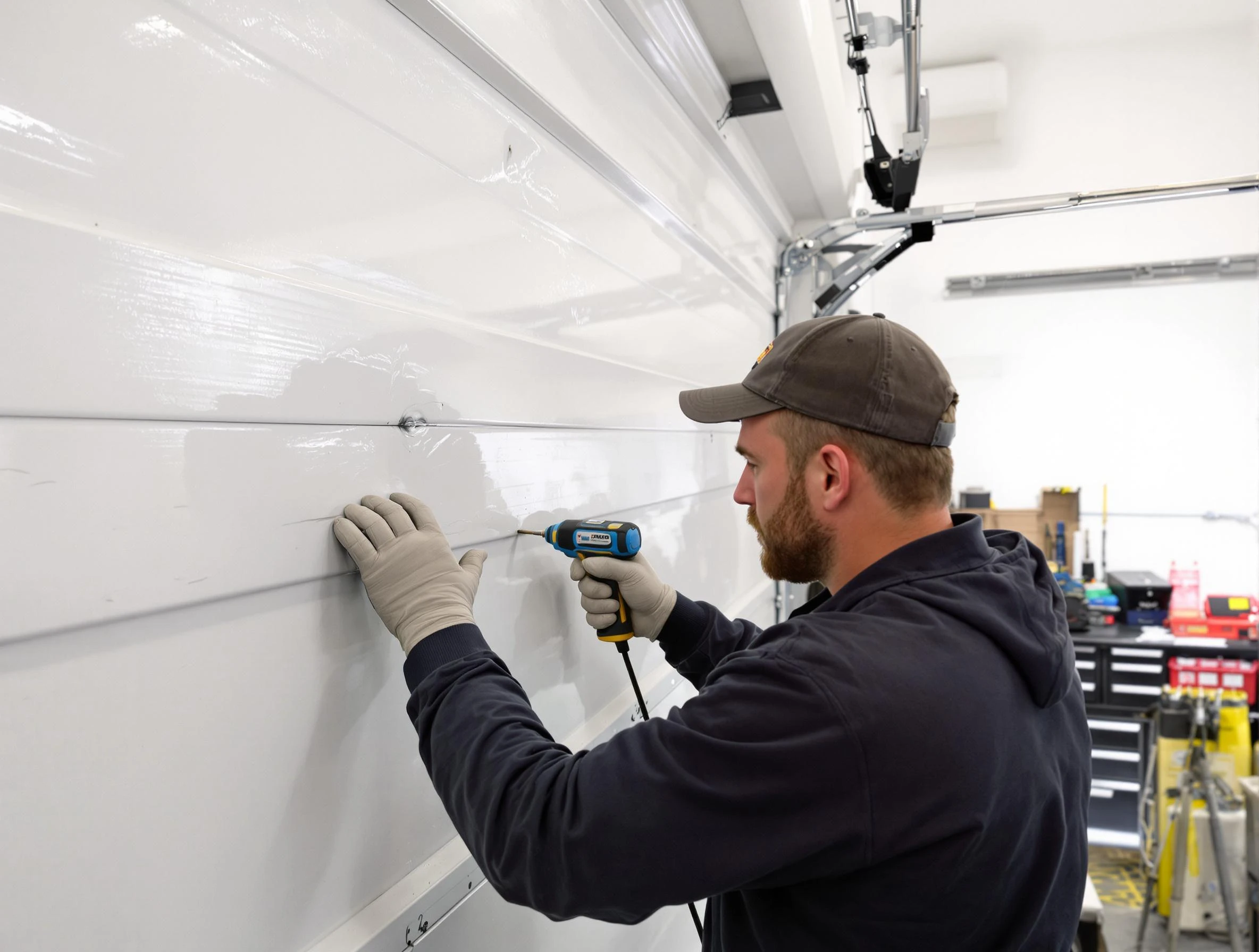 Mableton Garage Door Repair technician demonstrating precision dent removal techniques on a Mableton garage door